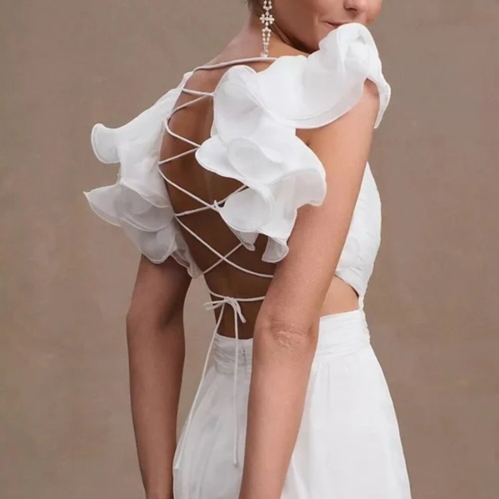 Mac Duggal 67911 Size 4 White Indy Ruffle Tiered Cut-Out Chiffon Gown Maxi Dress - Picture 3 of 6